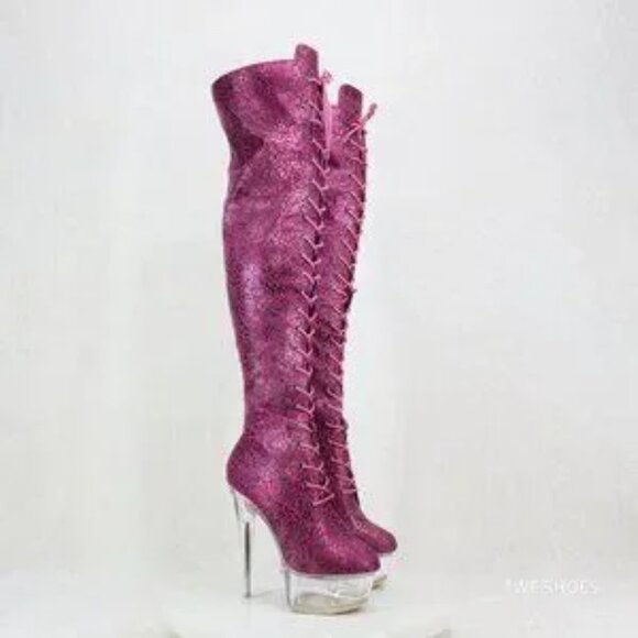 Bulls Fuchsia Purple Leopard Glitter OTK High Clear Platform Boots - Picture 4 of 7